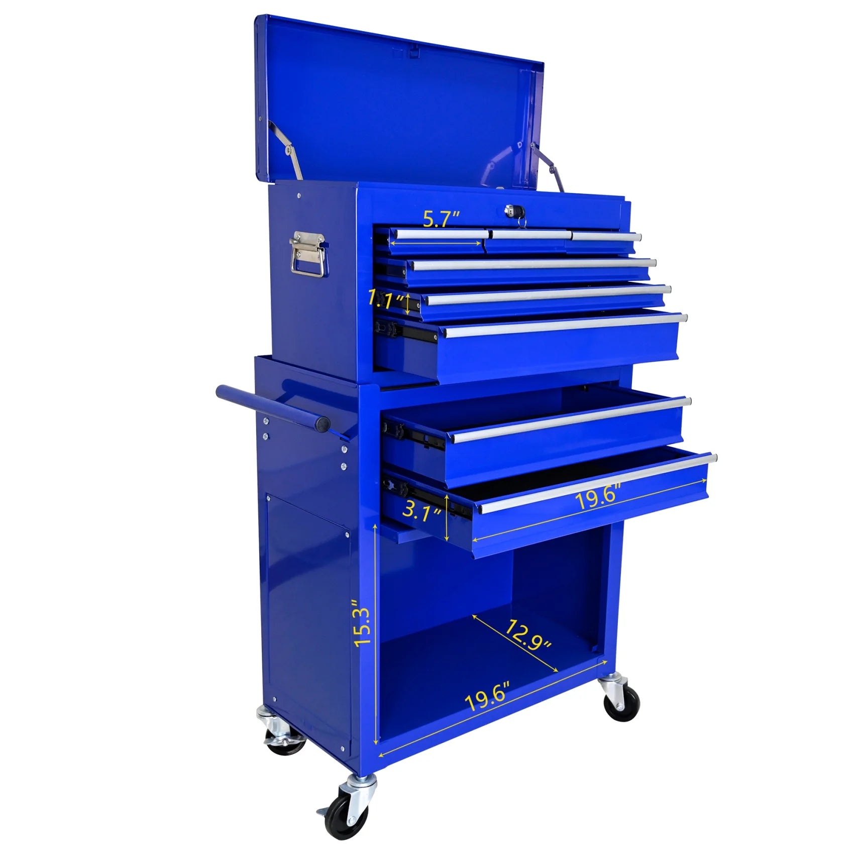 Multifunctional 8 Drawer Rolling Tool Chest with Pull Handle and Brake, Steel Construction Tool Cart with Storage Cabinet and Holidng Panel for Garage, Warehouse, Workshop, Repair Shop, Navy Blue