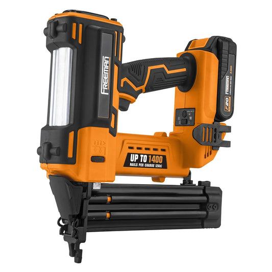 Freeman PE20VBR50 20 Volt Cordless 18-Gauge 2" Brad Nailer Kit with Lithium Ion Battery, Charger, Bag, and Nails (500 Count) - 1400 Shots per Charge
