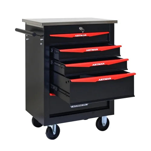 POVANLI 5 Drawer Portable Tool Box With Wheels,Tool Chest With Key Locking Tool Boxes/Organizers Black& Red