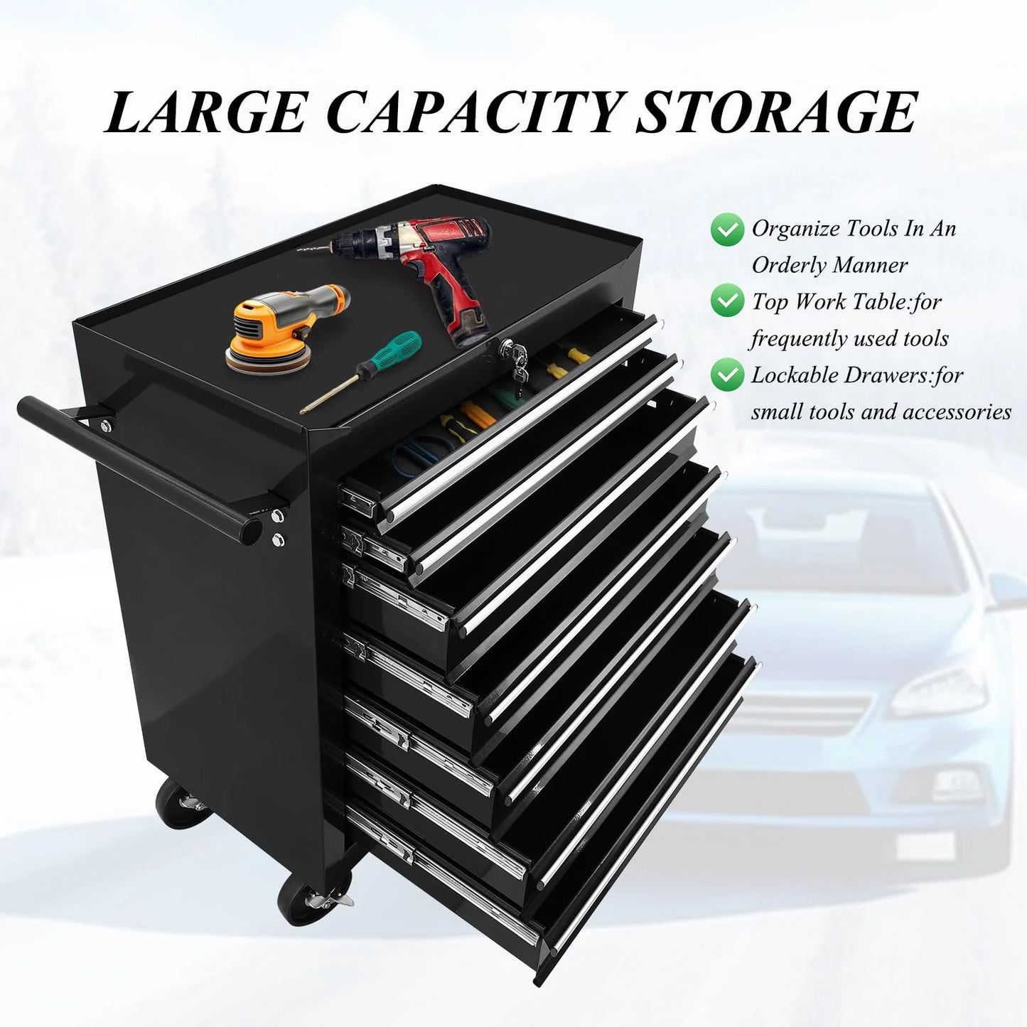 Pinypikaka 7 Drawer Rolling Tool Chest on Wheels, Lockable Tool Box, Removable Storage Case for Garage, Workshop and Craftsmen