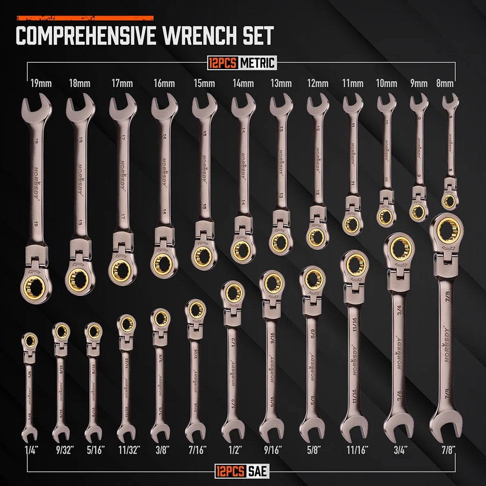 24PC Flex-Head Ratcheting Wrench Set Metric & SAE w/Organizer 8-19mm 1/4"-7/8"