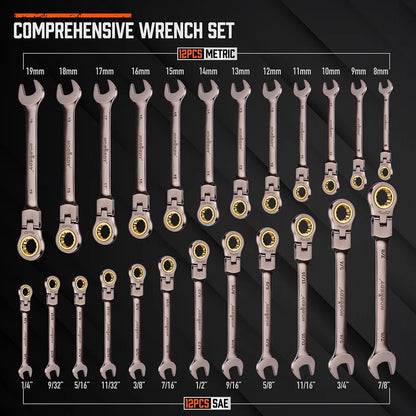 24PC Flex-Head Ratcheting Wrench Set Metric & SAE w/Organizer 8-19mm 1/4"-7/8"
