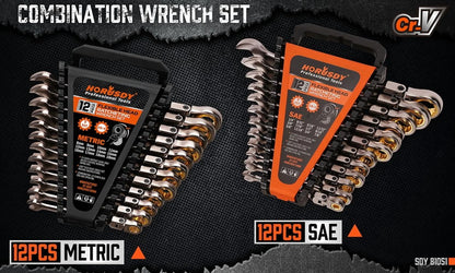 24PC Flex-Head Ratcheting Wrench Set Metric & SAE w/Organizer 8-19mm 1/4"-7/8"
