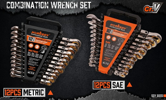 24PC Flex-Head Ratcheting Wrench Set Metric & SAE w/Organizer 8-19mm 1/4"-7/8"
