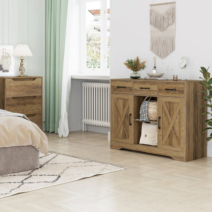 Homfa 41.7'' Wide 3 Drawer Brown Wood Sideboard, 3 Drawer Kitchen Buffet with 2 Doors, Storage Cabinet with 2-Tier Adjustable Shelves for Living Room