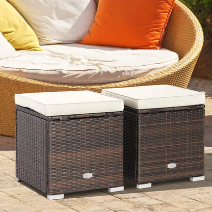 Costway 2PC Patio Rattan Ottoman Seat Side Table Storage Box Footrest Off White