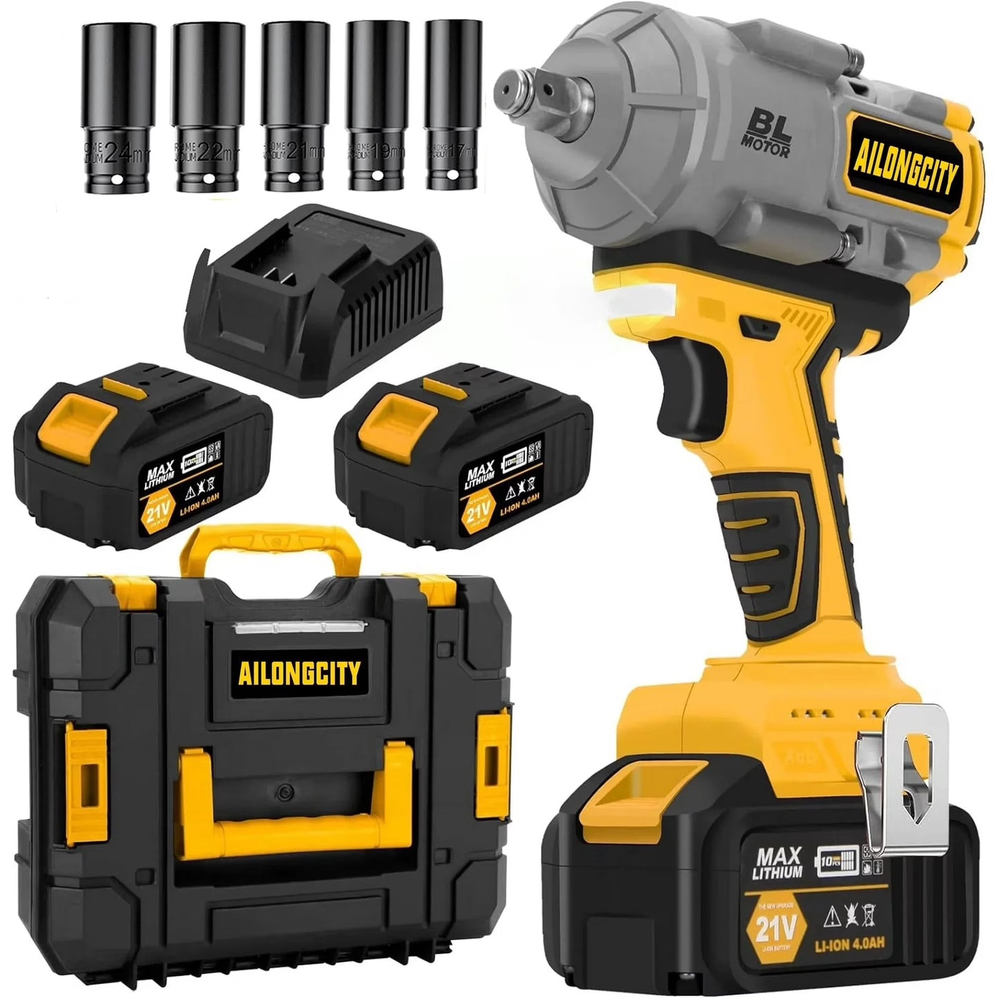 1000N.m(740ft-lbs) Cordless Impact Wrench, 1/2 Inch High Torque Brushless 21V Impact Gun w/2 x 4.0Ah Battery & Fast Charger & 5 Sockets, Pistola De Impacto for Home Car Tires Truck Mower
