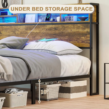 Full LED Bed Frame with Charging Station and Storage Headboard,Full Size Metal Platform Bed with LED Lights, Rustic Brown