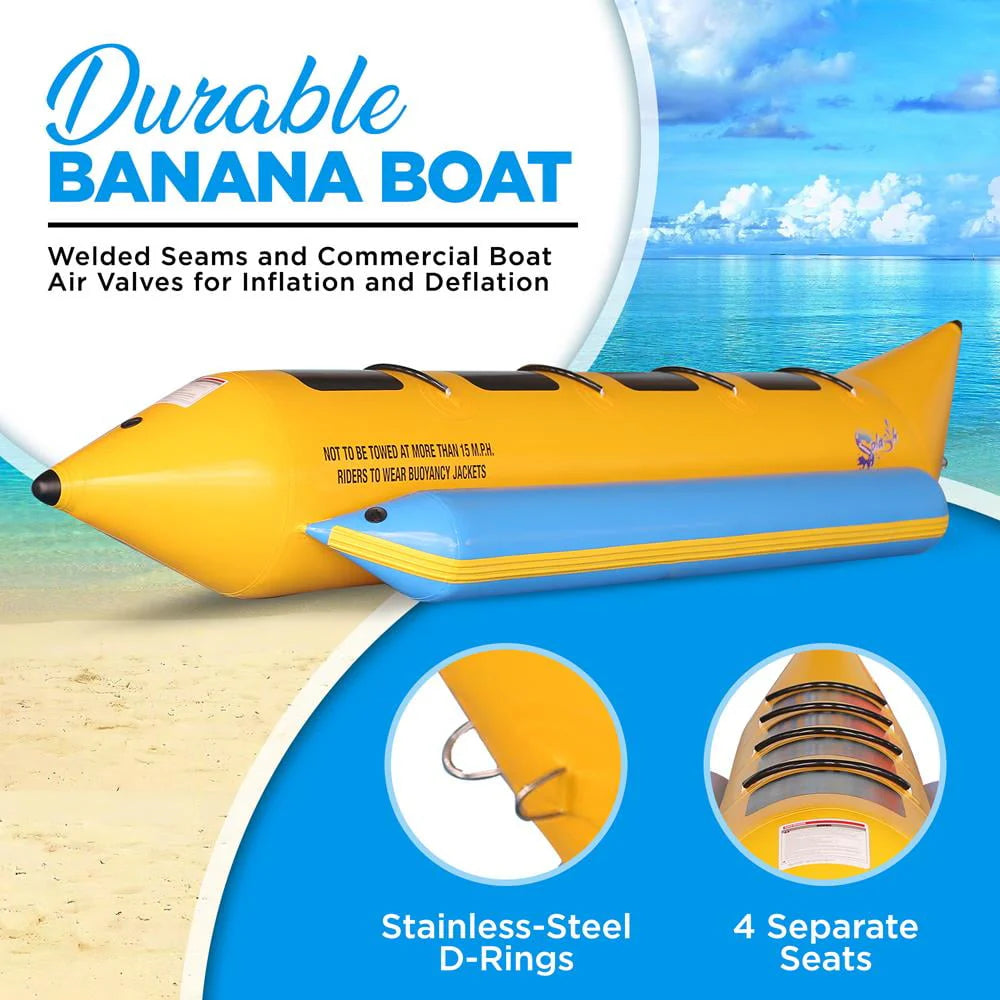 SereneLifeHome 4 Person Inflatable Banana Boat, Includes Storage Bag, Foot Pump, and Repair Kit, Tough and Thick, Reinforced Seats and Foot Areas, Easy Inflation and Deflation