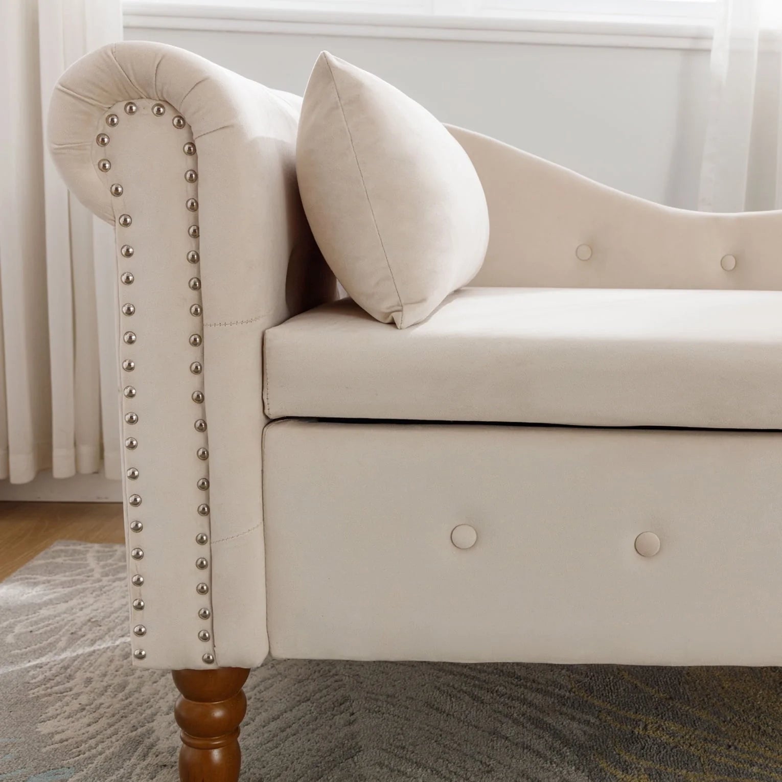 Indoor Velvet Chaise Lounge with Hidden Storage, Modern 58" L Upholstered Rolled Arm Chaise Chair with 1 Pillow and Solid Wood Legs for Living Room Bedroom Office (Beige)