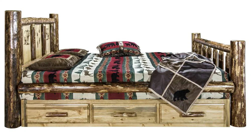 Bear Design Storage Engraved Bed in Stain and Clear Lacquer (Twin: 87 in. L x 46 in. W x 47 in. H (314 lbs.))