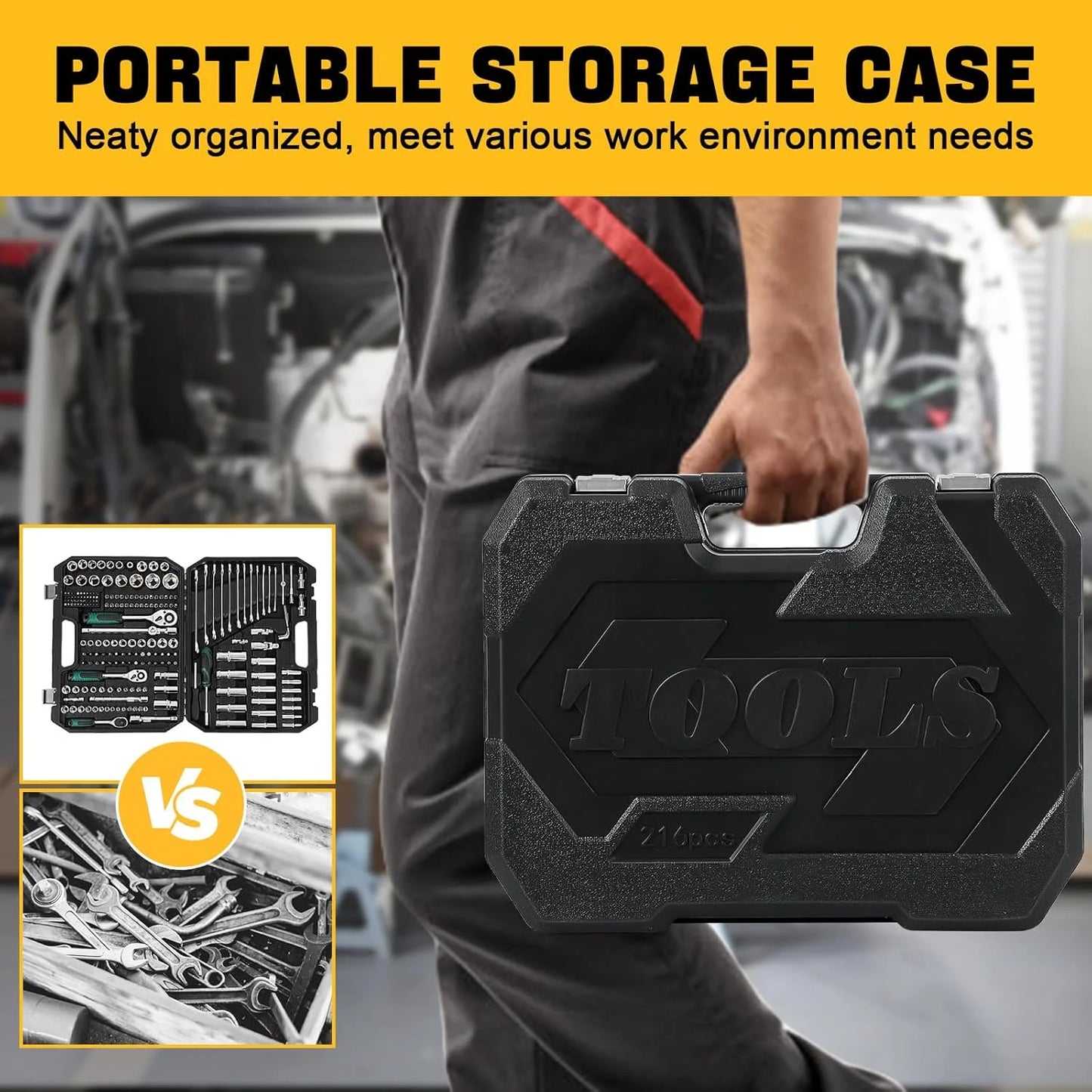 216 Pcs Tool Set, Professional Mechanic Tool Kit and Sockets Wrenches Set with Storage Box, Metric and Sae, Portable Drill Set for Diy, Home Maintenance, Workshops