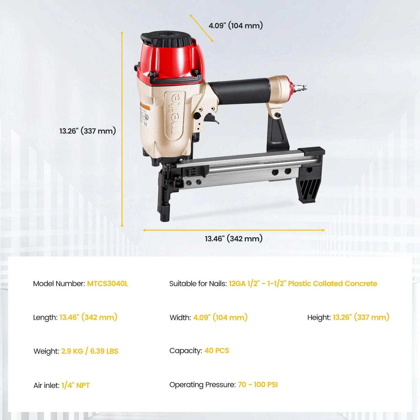 MEITE MTCS3040L Pneumatic Concrete and Steel Pinner 12Gauge 1/2" to 1-1/2" Length Concrete Nailer