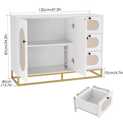 Homfa 3 Drawers Accent Storage Cabinet, 34.2"H Gold Buffet Sideboard with Rattan Doors for Living Room, White