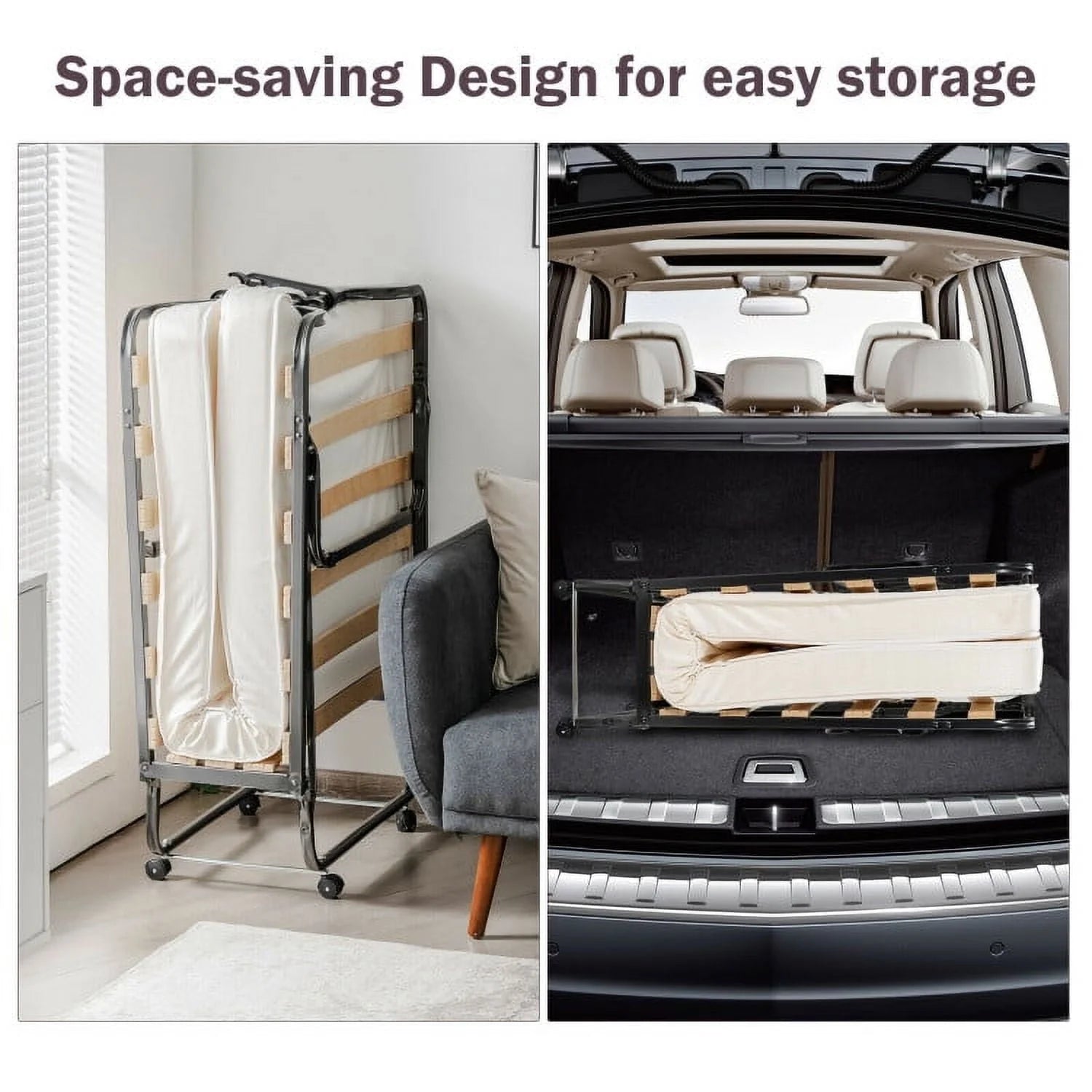 Folding Rollaway Bed, Metal Frame Bed Storage Cover Included, Portable Foldable Guest Bed for Adults, Cot Size Fold up Bed with Memory Foam Mattress on Wheels 76.5" x 31.5" x 16"