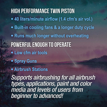 Cool Running Master Airbrush 1/4 hp Twin Cylinder Piston Air Compressor with Extra Large Storage Tank - High Airflow