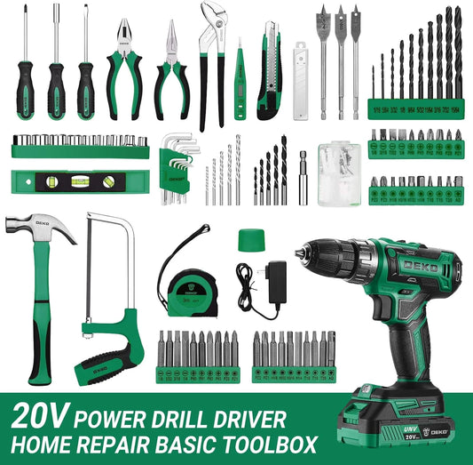 20V Cordless Power Drill Tool Kit Set with Battery Electric Drill Driver - Portable Home Repair Toolbox