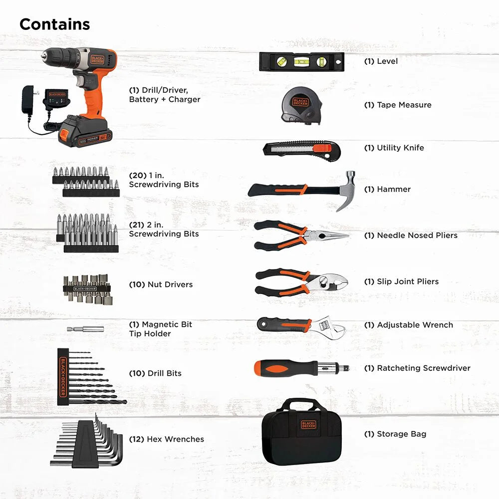 BLACK+DECKER 20V Drill/Driver, 1.5Ah, 83 Piece Set, Battery and Charger Included