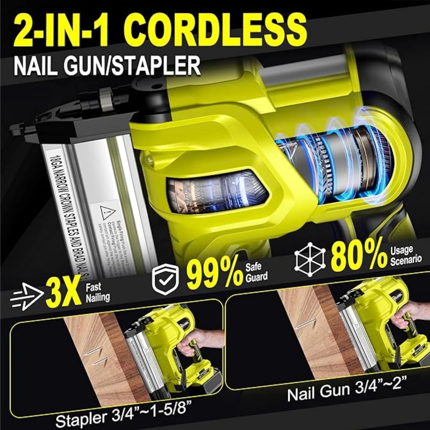 Rvchic 2-in-1 Cordless Electric Brad Nailer with 2 * 2.0Ah Battery for Upholstery,Carpentry and Woodworking,1000pcs Nails,18GA Staples Included,Yellow