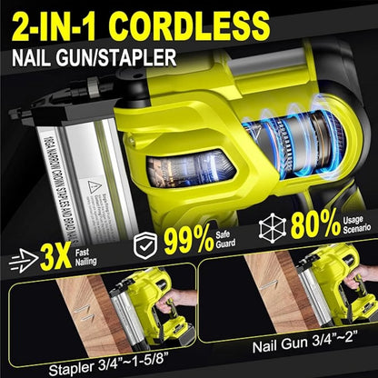 Rvchic 2-in-1 Cordless Electric Brad Nailer with 2 * 2.0Ah Battery for Upholstery,Carpentry and Woodworking,1000pcs Nails,18GA Staples Included,Yellow
