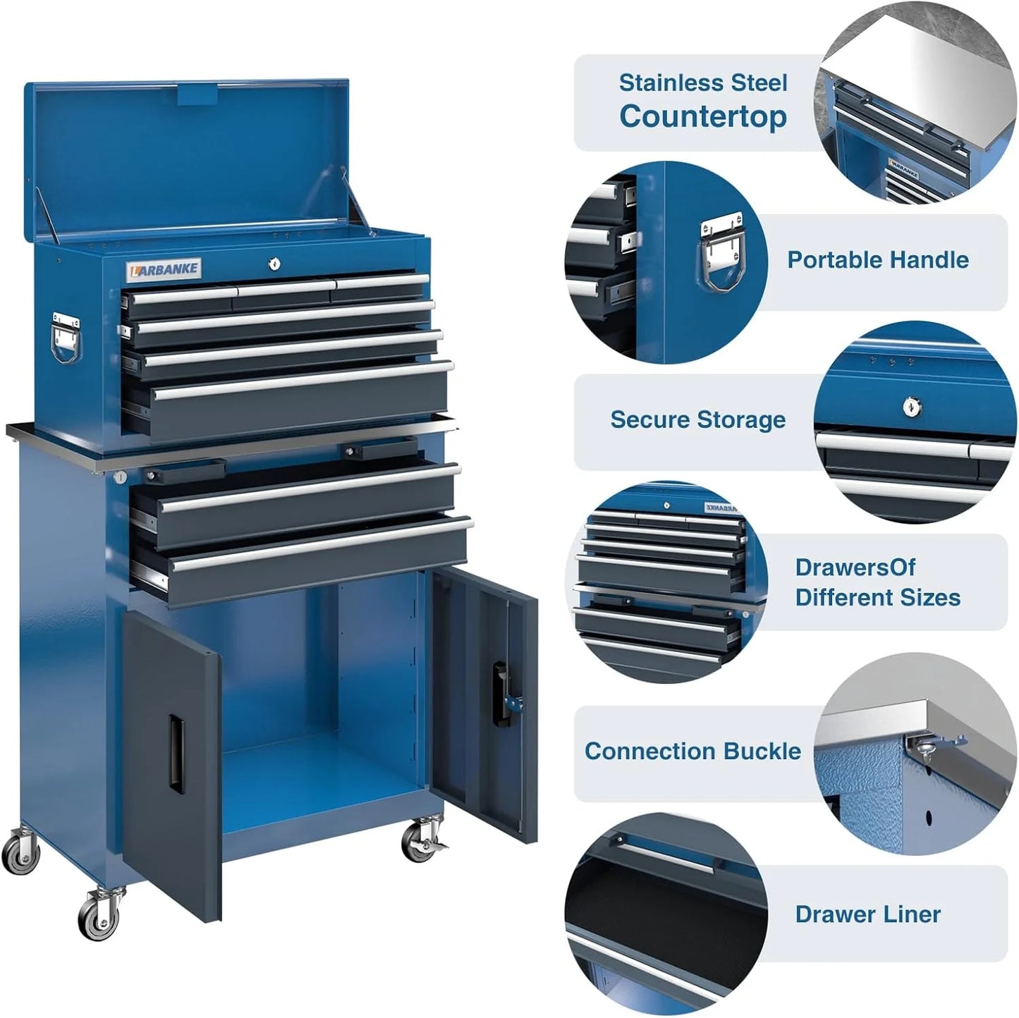 8-Drawer Rolling Tool Chest with Wheels and Door, Sliding Drawer, Stainless Steel Countertop, Large Workbench Forming Tool Chest for Garage Workshop