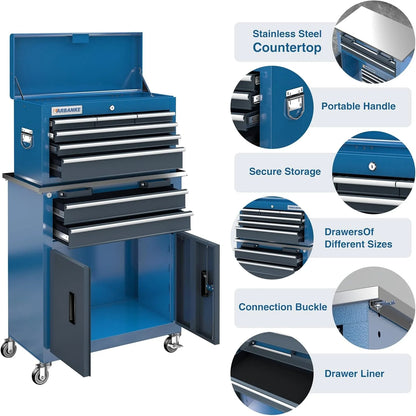 8-Drawer Rolling Tool Chest with Wheels and Door, Sliding Drawer, Stainless Steel Countertop, Large Workbench Forming Tool Chest for Garage Workshop