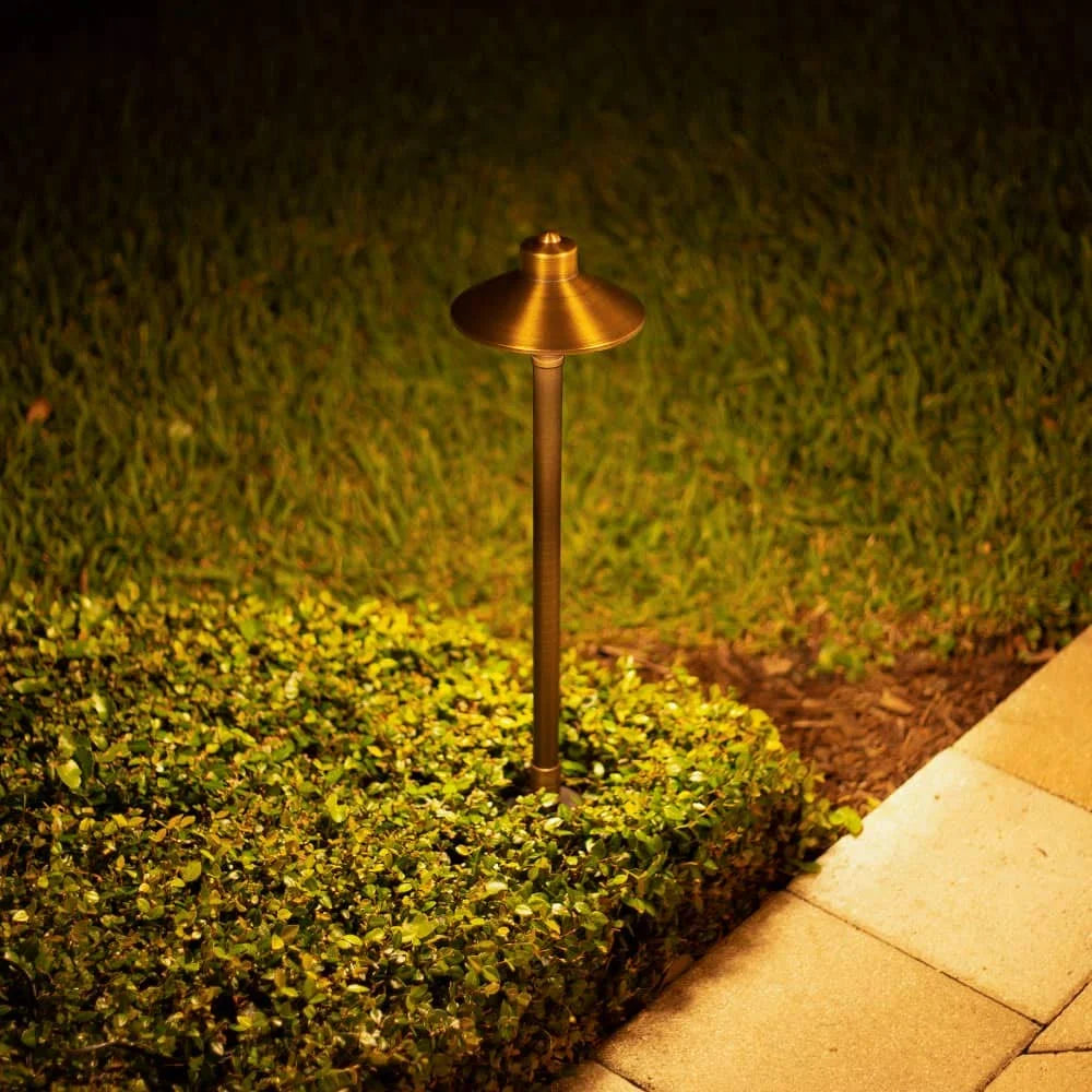VOLT Flat Hat 12V Brass Path Light (7" Shade, 25" Tall)