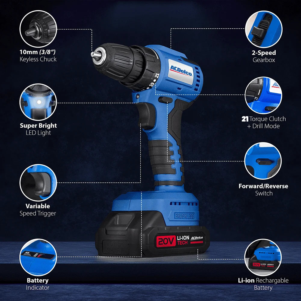 ACDelco ARI20132-K1 20V Cordless Drill, Impact Driver,Impact drill, 2 Tool Power Tool Combo Kit, Brushless Power Tool Set with 2 Batteries and Charger Included