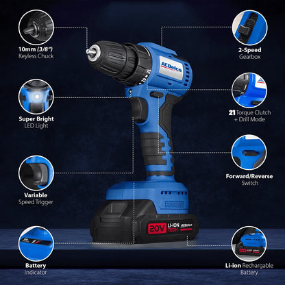 ACDelco ARI20132-K1 20V Cordless Drill, Impact Driver,Impact drill, 2 Tool Power Tool Combo Kit, Brushless Power Tool Set with 2 Batteries and Charger Included
