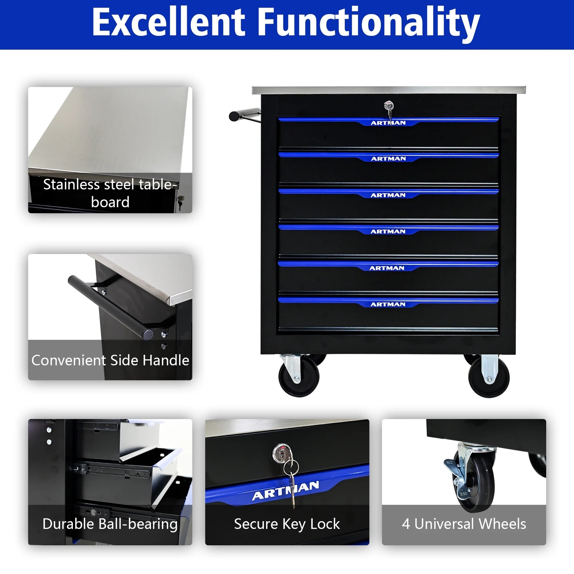 ARTMAN 6-Drawer Tool Storage Chest with Lockable Wheel,6 Drawer Tool Storage Cabinet for Garage, Warehouse , Repair Shop