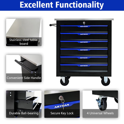 Tool Chest, 6-Drawer Rolling Tool Storage Cabinet with Wheels, Detachable Lockable Tool Box, Metal Tool Cart for Garage Workshop, Black Blue