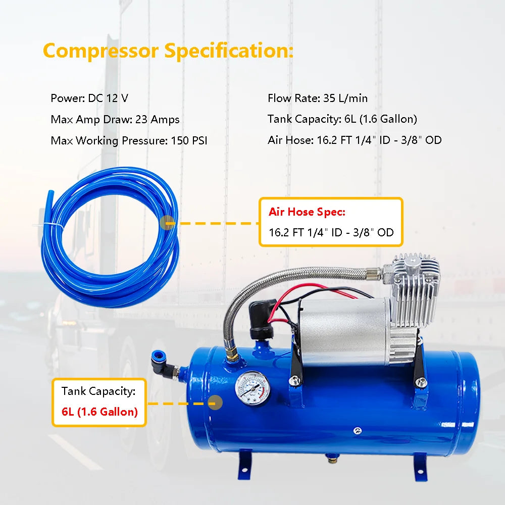 DC 12V 150PSI Air Compressor with 6 Liter Tank 1.6 Gallon | Fit for Train Horns Motorhome Tires | Inflator Air Compressor with 6L Tank Train Air Horn Kit