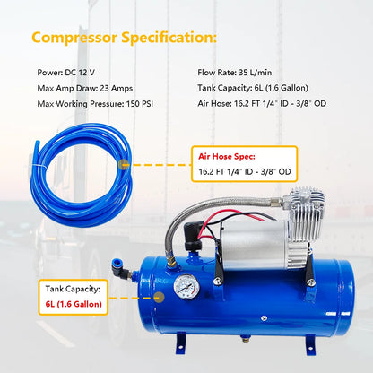DC 12V 150PSI Air Compressor with 6 Liter Tank 1.6 Gallon | Fit for Train Horns Motorhome Tires | Inflator Air Compressor with 6L Tank Train Air Horn Kit