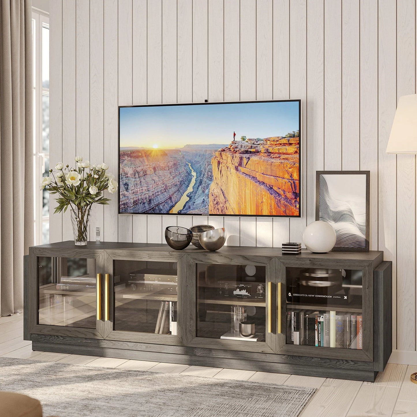 BELLEZE 70" TV Stand for TVs up to 75", Modern TV Stand & Entertainment Center with Shelves, Wood Storage Cabinet for Living Room or Bedroom - Brixston (Brown)
