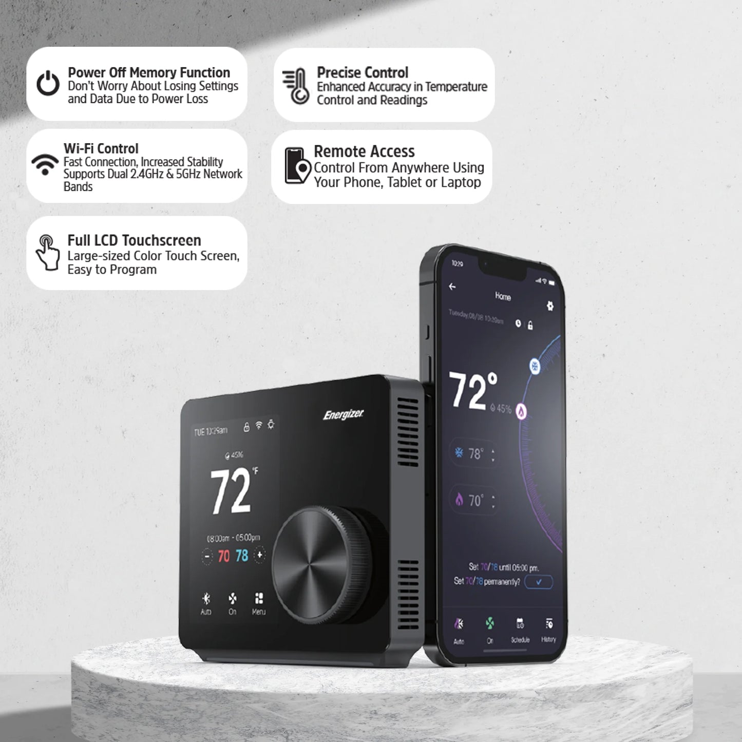 Energizer Smart Thermostat, Programmable Dual Band Wi-Fi Thermostat with 3.5? Color Touch Screen