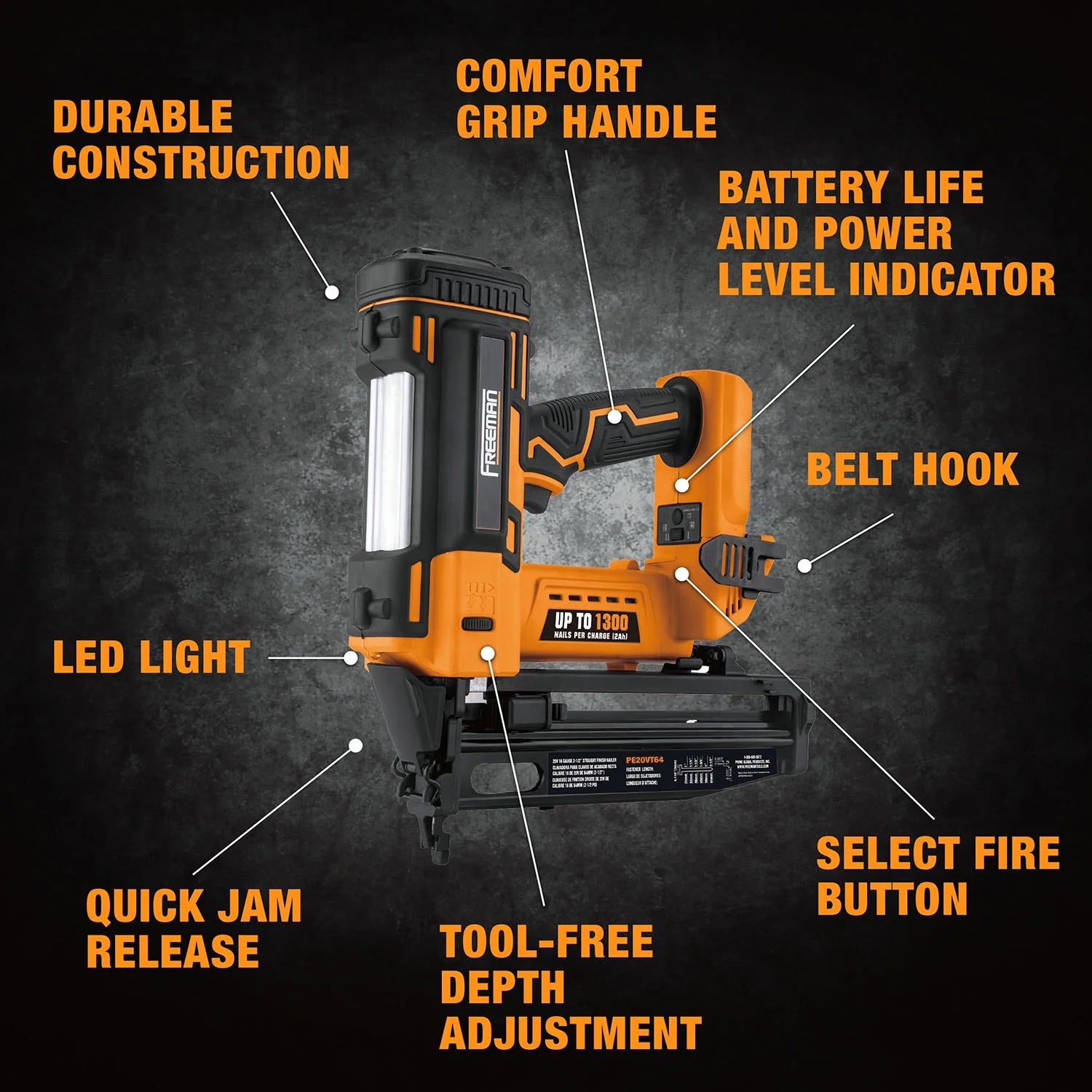 Freeman PE20VT64 20 Volt Cordless 16-Gauge 2-1/2" Straight Finish Nailer (Tool Only) - 1300 Shots per Charge