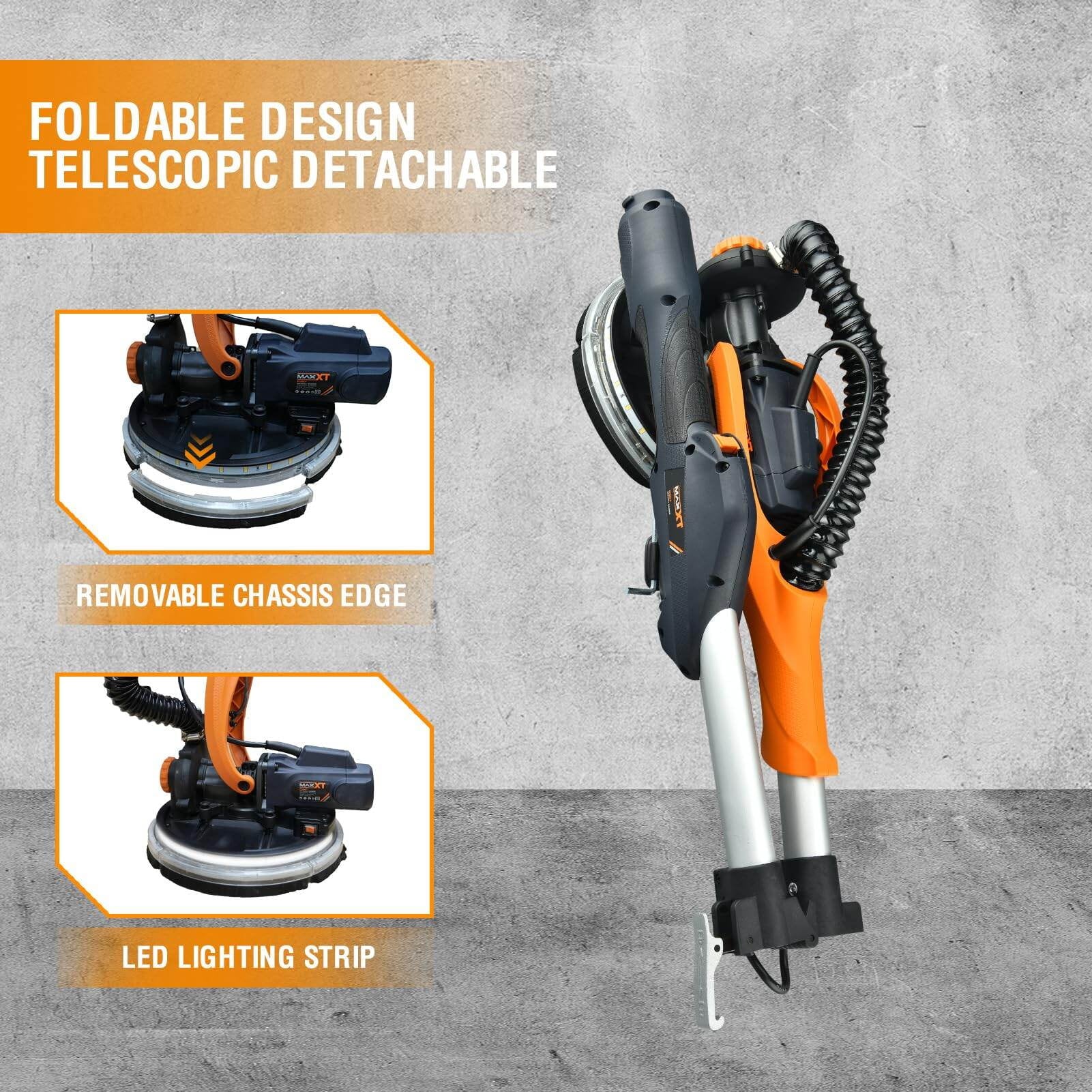 Drywall Sander with Vacuum Dust Collection, 6 Variable Speed Foldable Telescopic Electric Wall Sander, Popcorn Ceiling Removal Tool, 1900RPM Power Sander Tool, LED Light, 18Pcs Sanding Discs,Power D