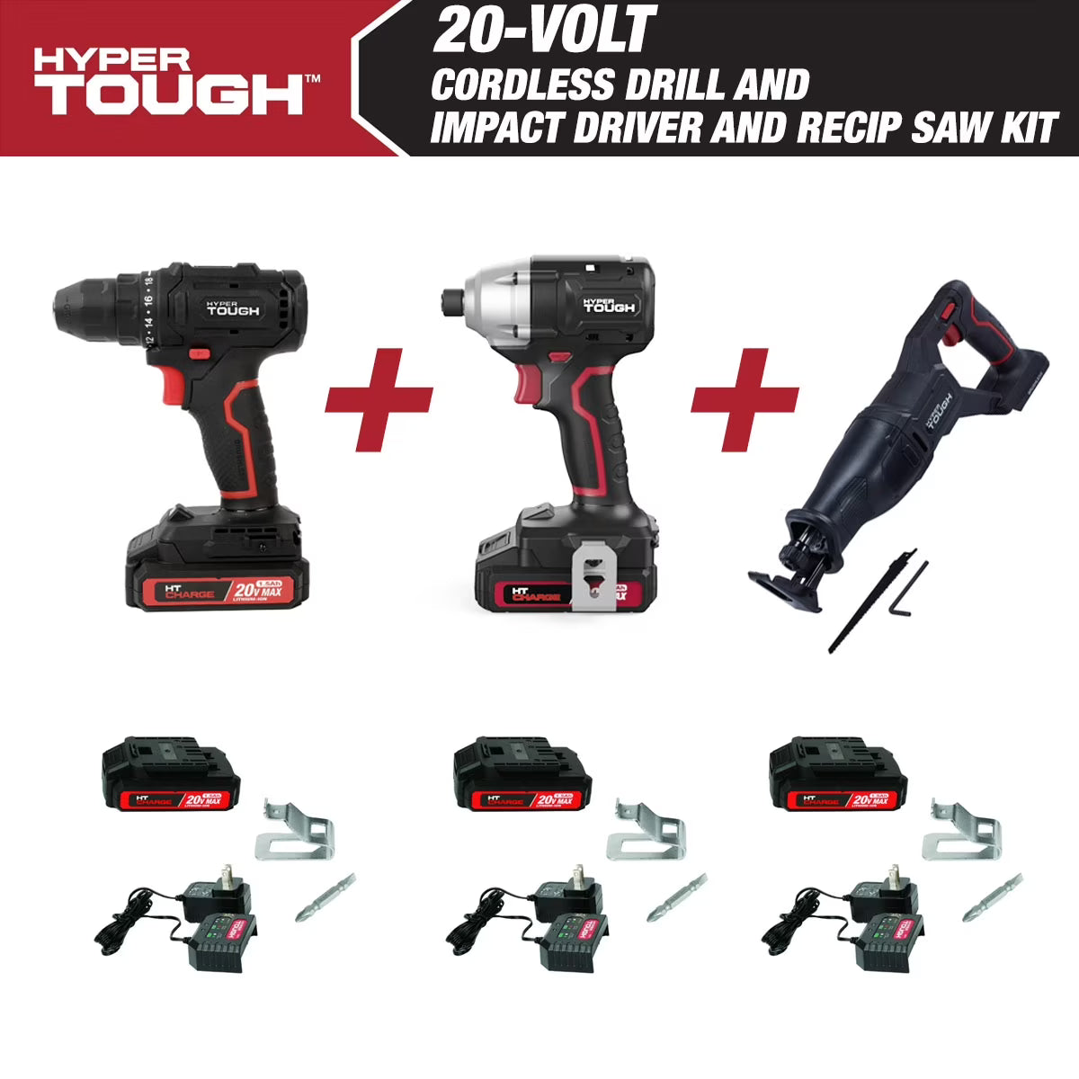 Hyper Tough 20V Cordless 3/8? Drill, 1/4? Impact Driver & Reciprocating Saw Bundle, (3) 1.5Ah Lithium-Ion Batteries & (3) Chargers