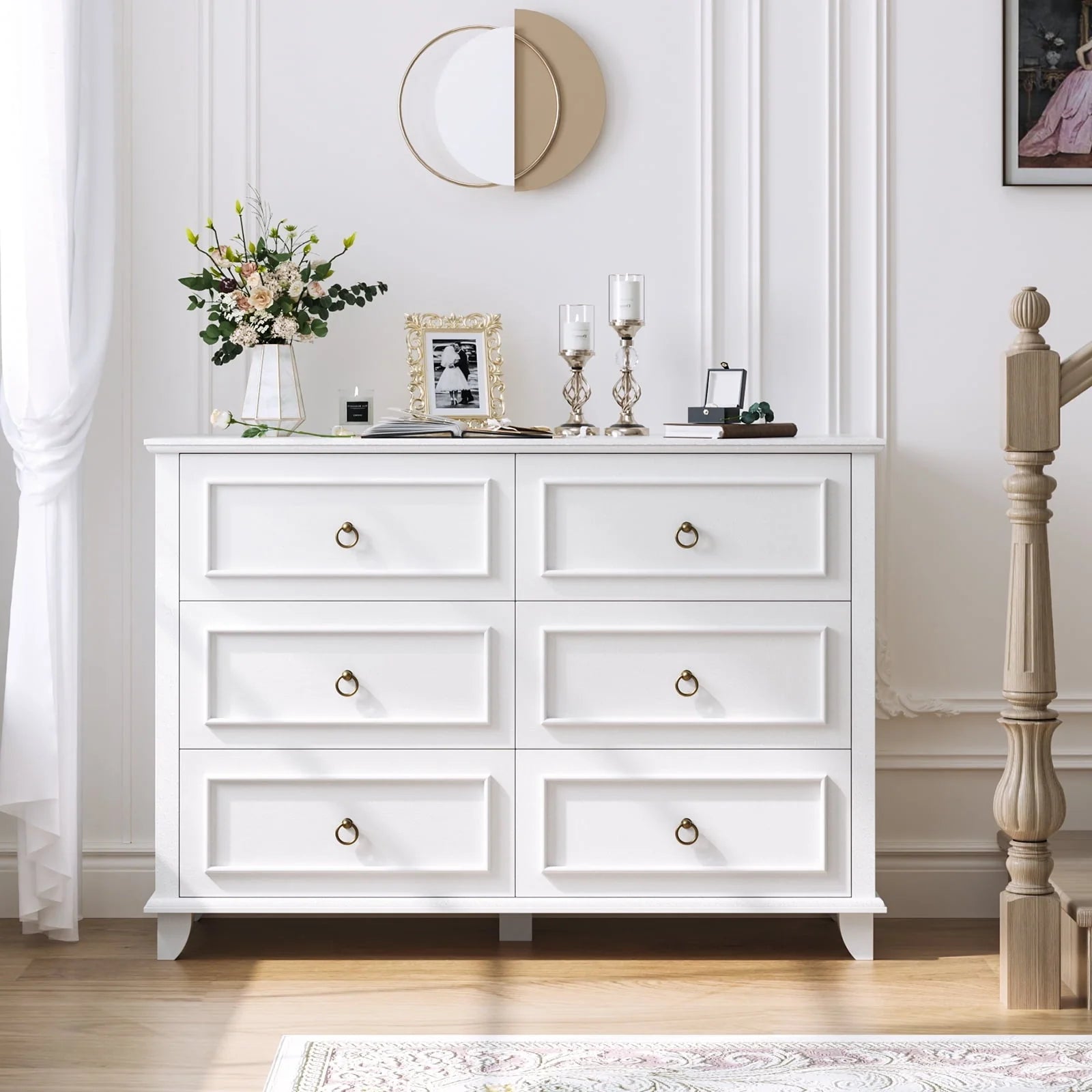 Homfa 6 Drawers Double Dresser, 47'' Wide Storage Cabinet Chest of Drawer for Bedroom Living Room, White