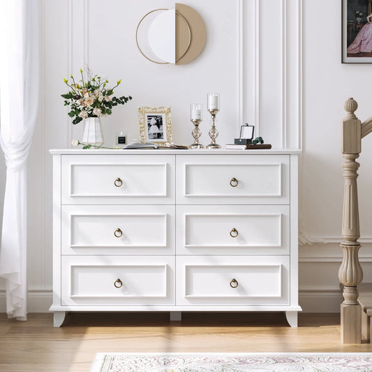 Homfa 6 Drawers Double Dresser, 47'' Wide Storage Cabinet Chest of Drawer for Bedroom Living Room, White