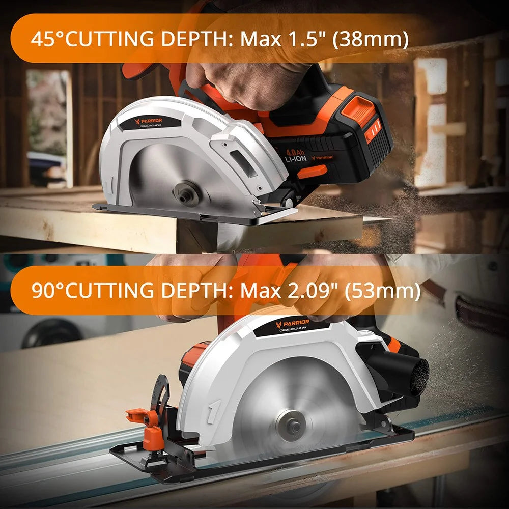 Parrior CCS05 20V Cordless Circular Saw, with 4Ah Battery, 3500RPM Rotating Speed, Fasting Charging, Adjustable Cutting Depth 45?/90?