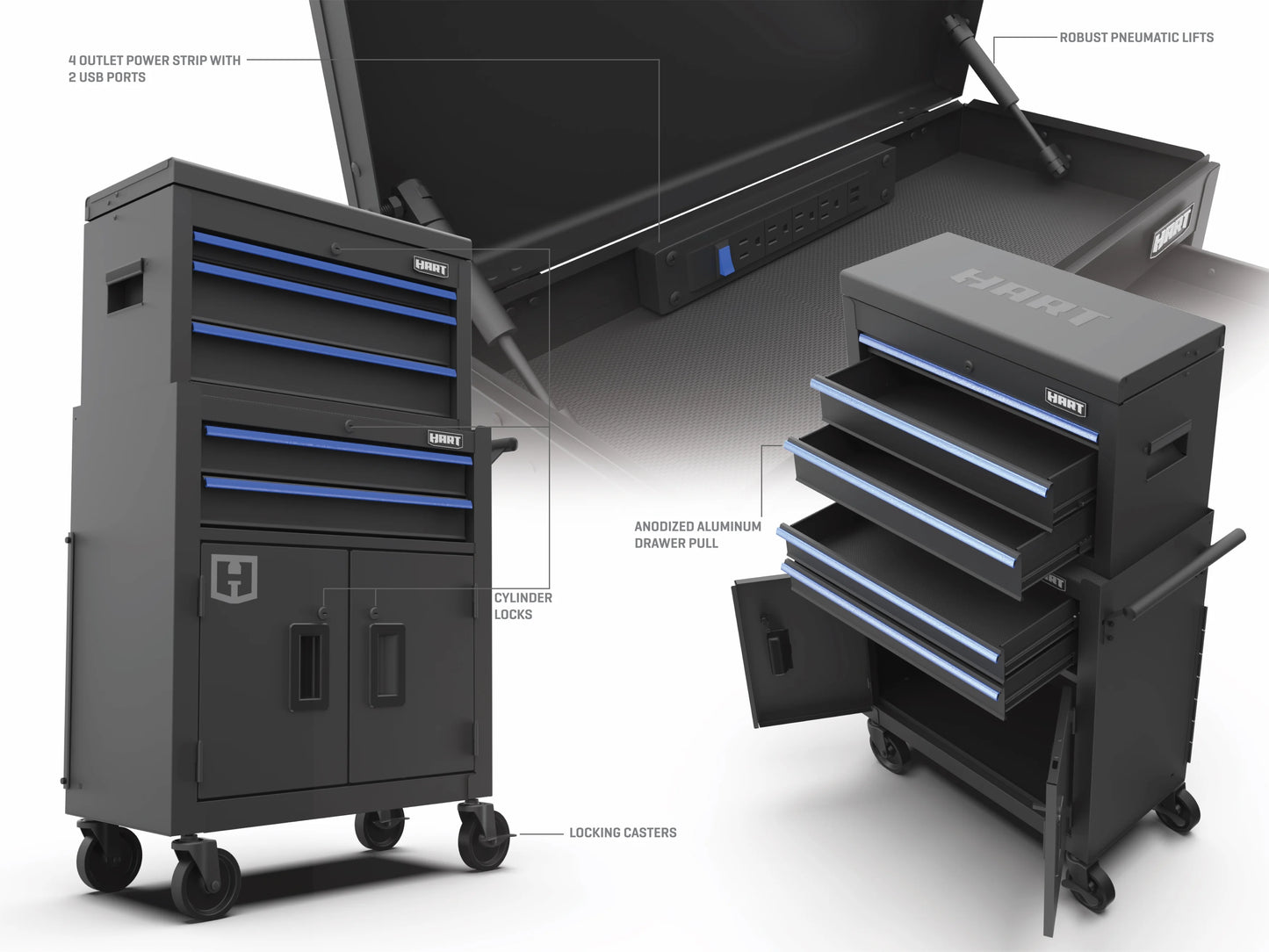 Hart 24-inch Steel Tool Chest Combo with Built-In Power Strip, 400 lb Capacity
