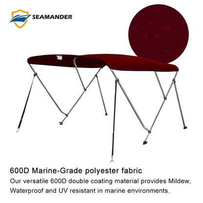 Seamander 3 Bow Bimini Top Boat Cover with Rear Support Pole and Storage Boot, Burgundy