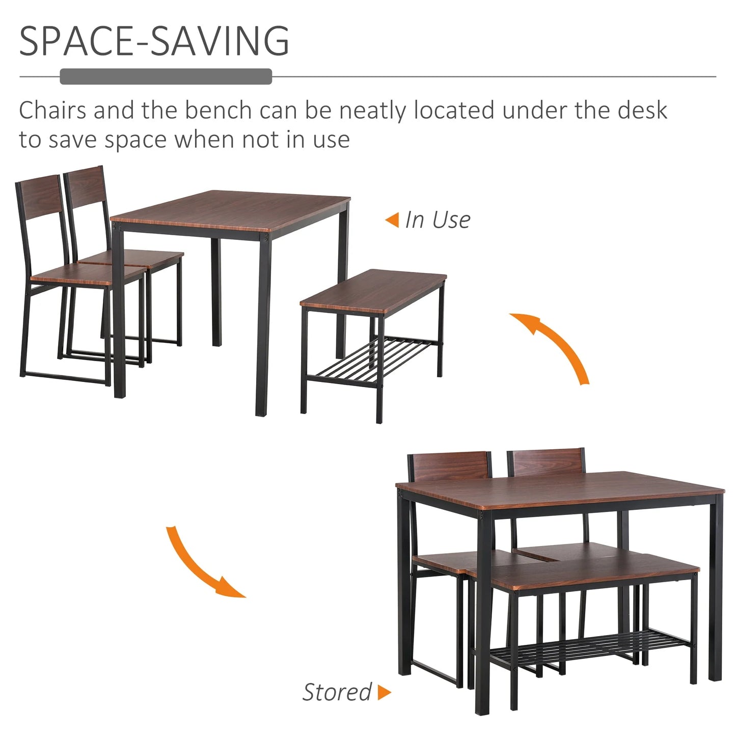 Industrial 4 Piece Dining Room Table Set with Bench Wooden Kitchen Table and Chairs w/Storage Rack