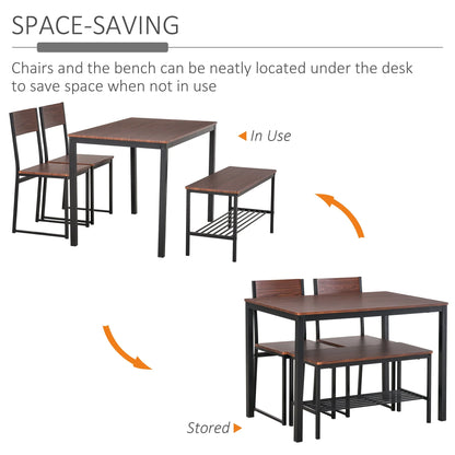 Industrial 4 Piece Dining Room Table Set with Bench Wooden Kitchen Table and Chairs w/Storage Rack