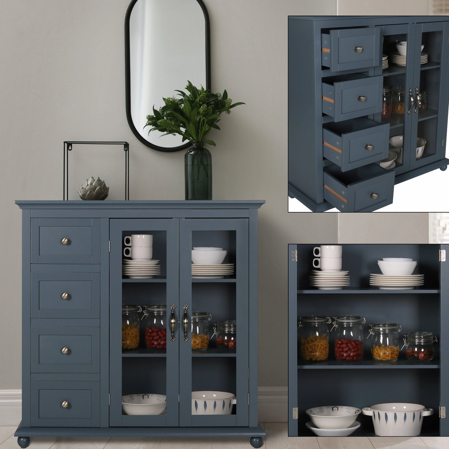 VEIKOUS Buffet Sideboard Storage Cabinet Kitchen Freestanding Cupboard Buffet Server for Dining Room, Dark Blue