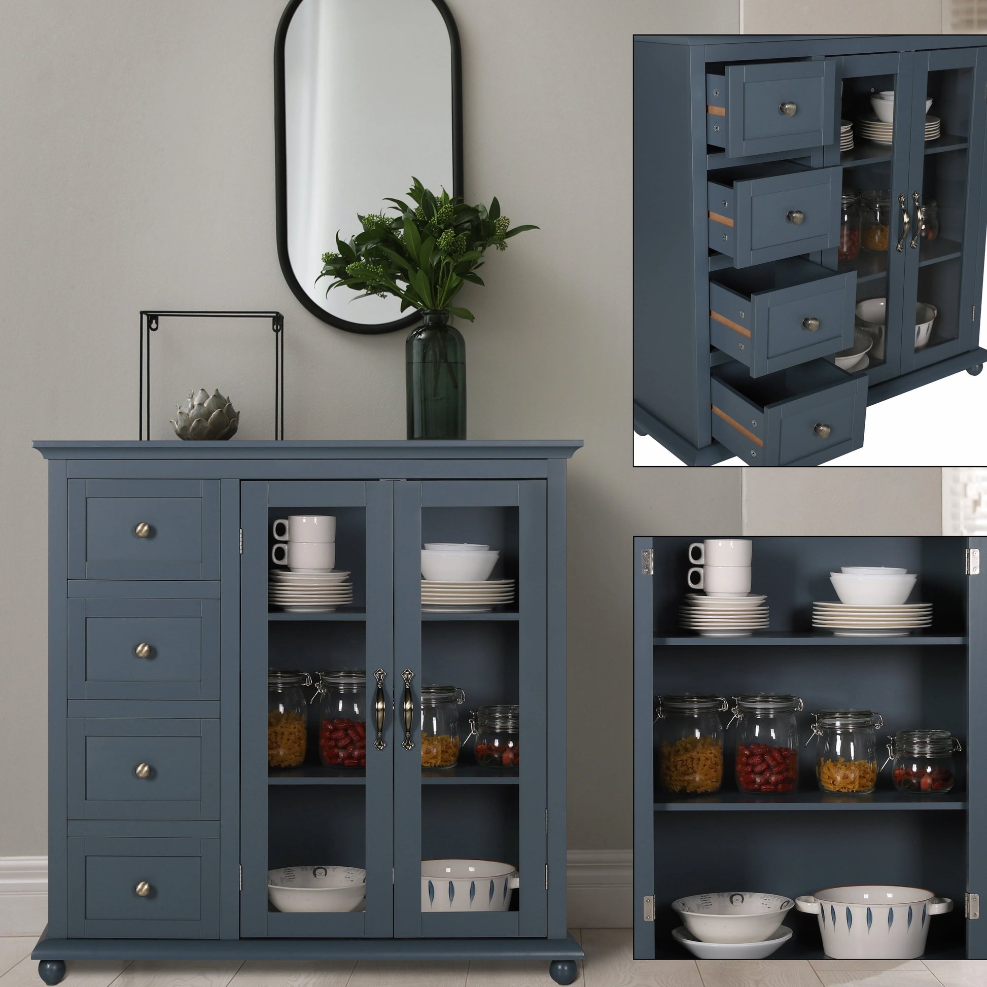 VEIKOUS Buffet Sideboard Storage Cabinet Kitchen Freestanding Cupboard Buffet Server for Dining Room, Dark Blue