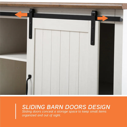 Wampat Farmhouse Barn Door Accent Storage kitchen Cabinet with Metal Legs, White