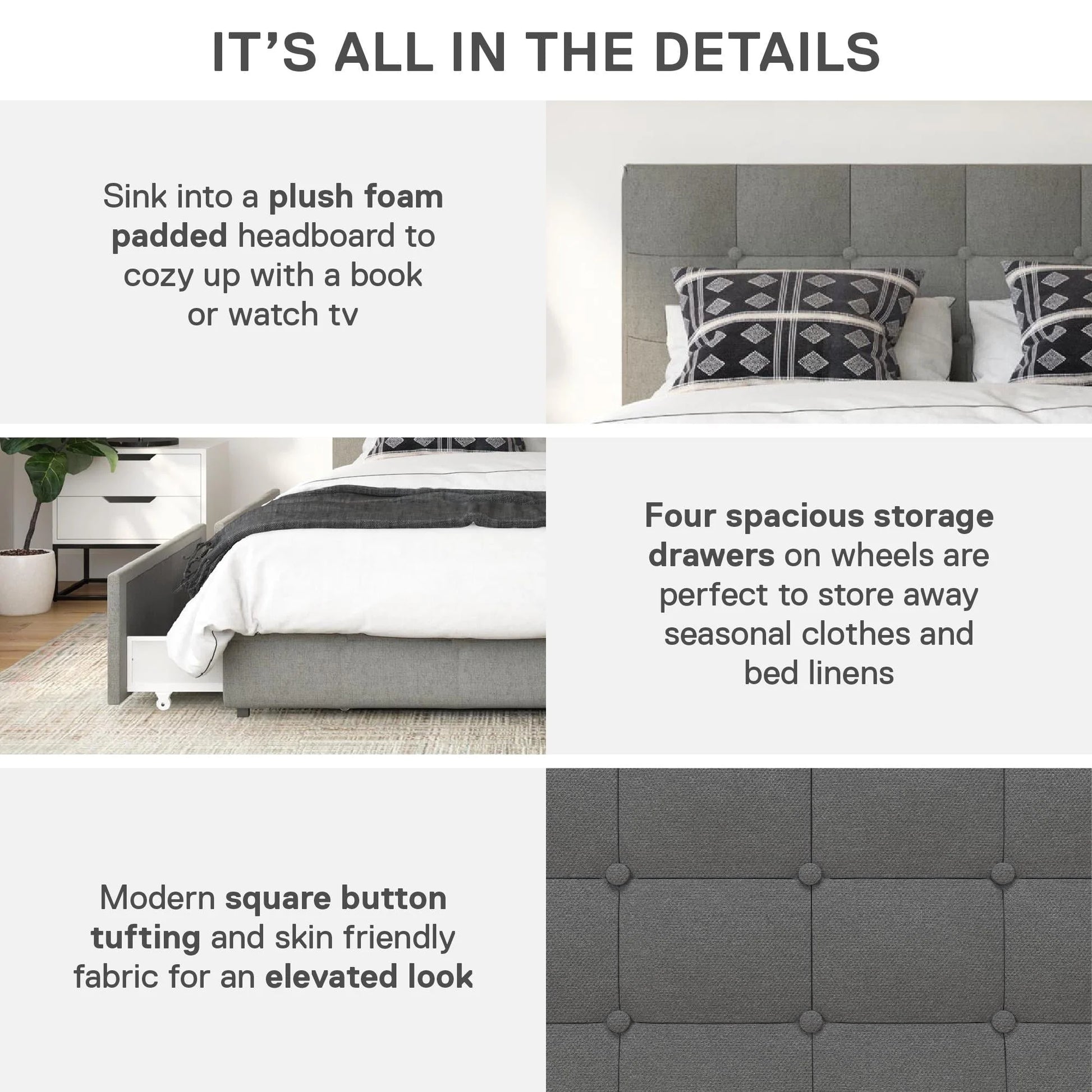 DHP Rose Tufted Upholstered Storage Bed Frame, Full, Gray Linen