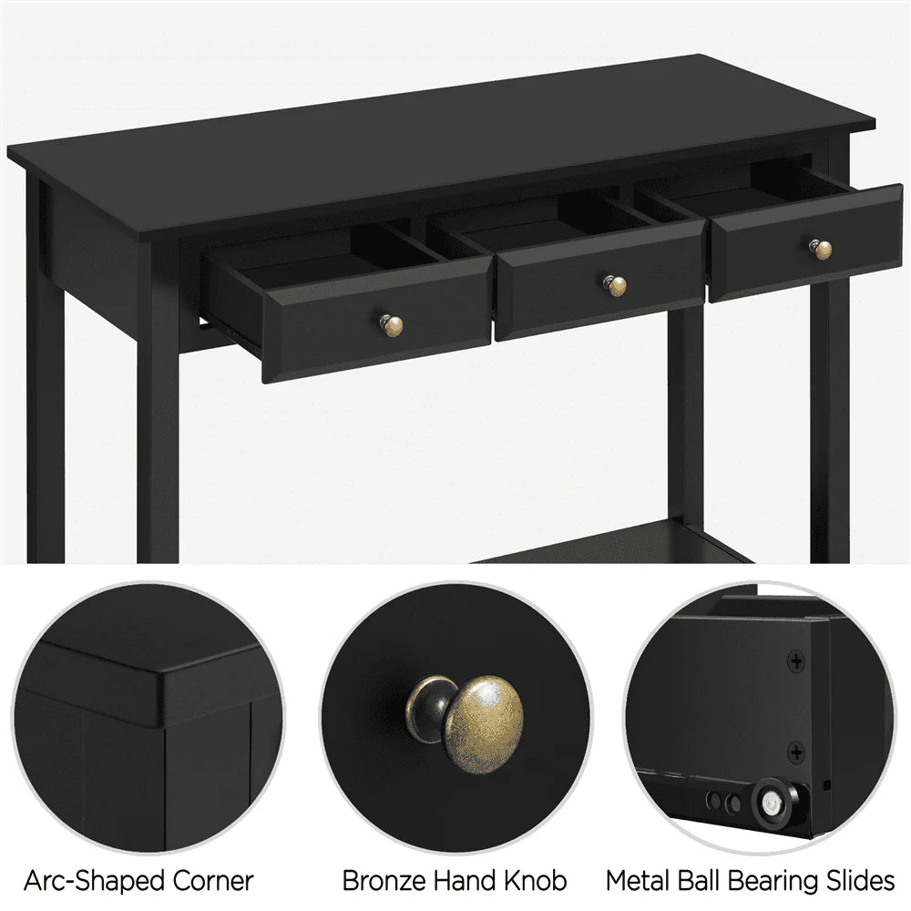 Topeakmart 3-Drawer Wooden Console Table Entryway Table with Storage Shelf Pine Wood Legs, Black